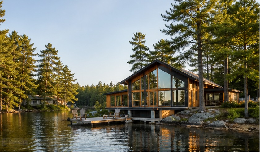 Modern lakefront cabin surrounded by trees