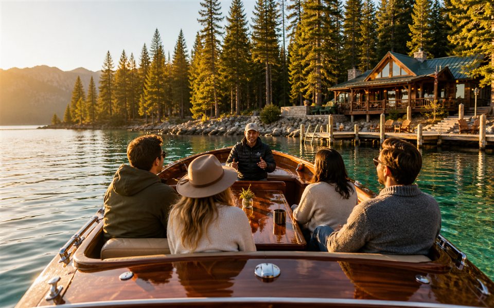 Small guided group on a calm lake cruise at golden hour